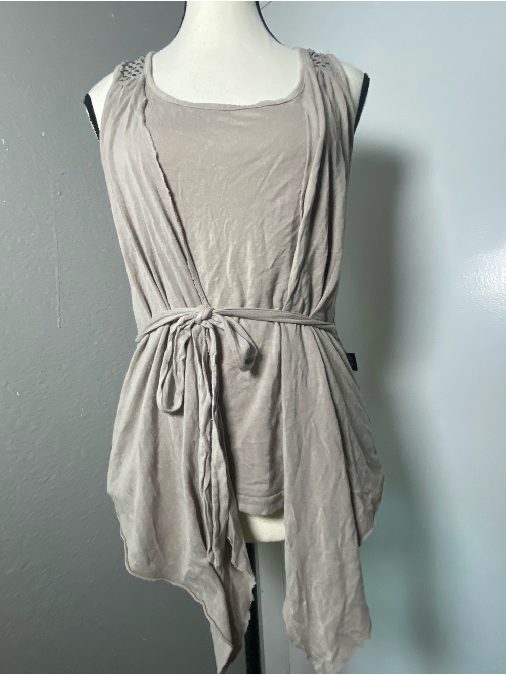 Y2K EURO Taupe Grey Studded Layered Whimsy Tank Top Size Medium
